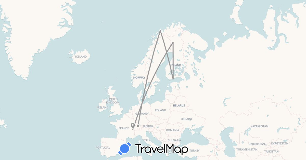 TravelMap itinerary: driving, plane in Switzerland, Finland, Norway (Europe)